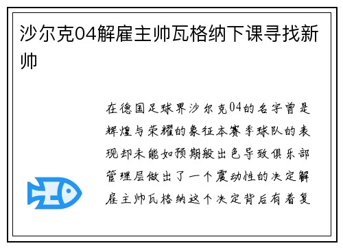 沙尔克04解雇主帅瓦格纳下课寻找新帅