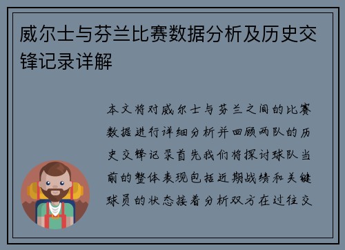 威尔士与芬兰比赛数据分析及历史交锋记录详解